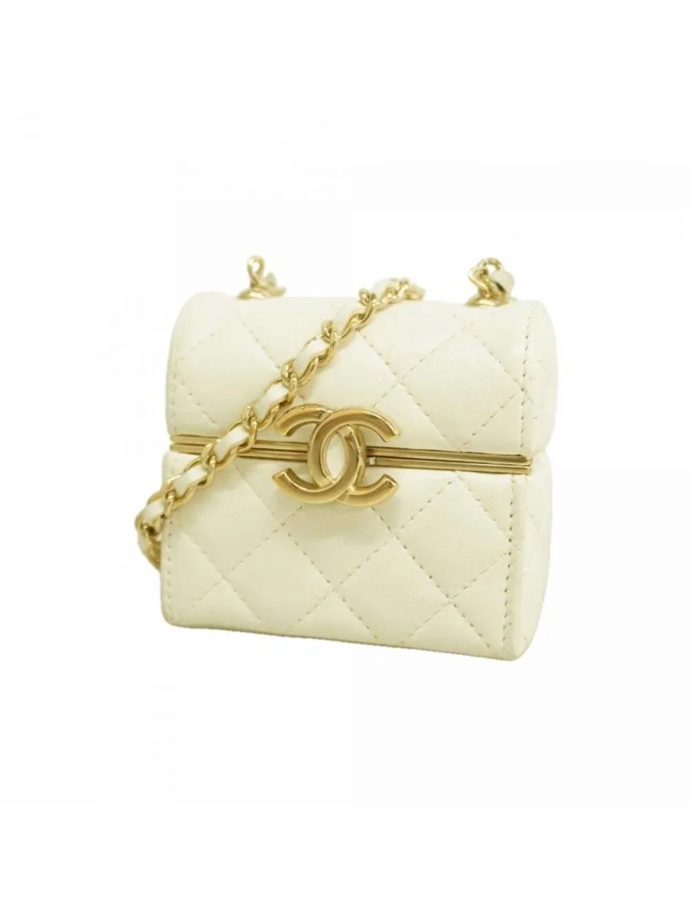 Chanel Airpods Case Quilted Lambskin White Champagne Gold Shoulder